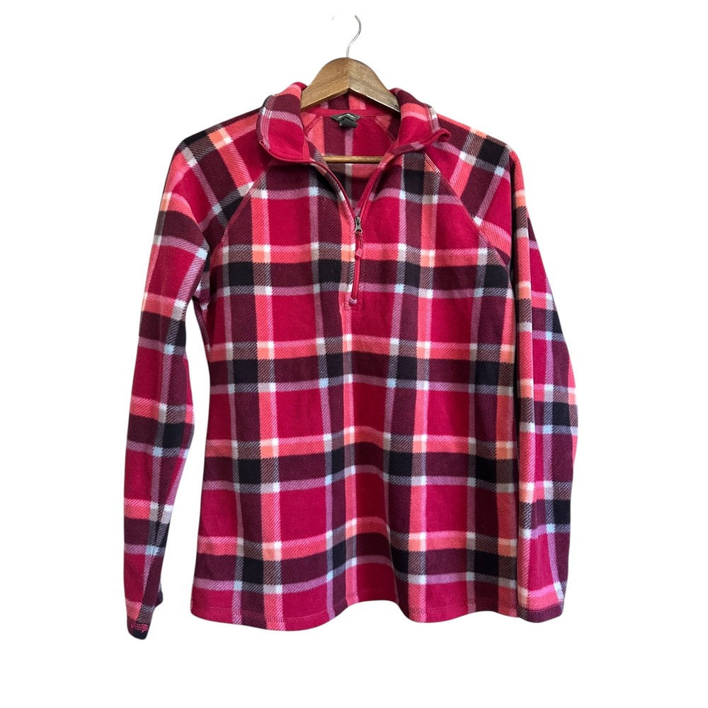 Eddie Bauer Womens Plaid Fleece Quarter Zip Pullover Top Size M Red Black